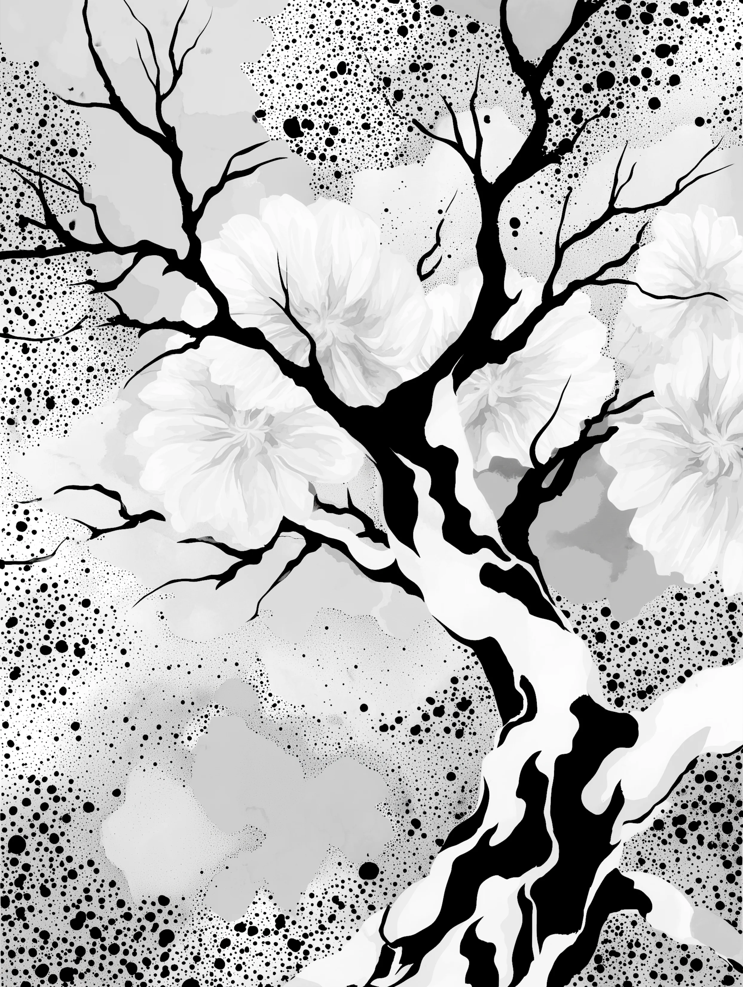 Free printable dead tree coloring page for adults featuring spooky black and white dead tree